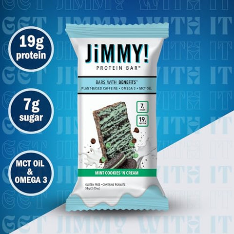 JIMMYBAR - JiMMY’S! Barra de Proteína Funcional – Cookies e Creme de Menta – 12 Unidades – Barra de Proteína com Cafeína, Ômega 3 e Óleos MCT – Baixo teor de açúcar, sem glúten, impulso de energia