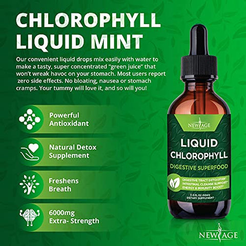 NEW AGE - Gotas Líquidas de Clorofila – Concentrado Natural – Estimulante de Energia, Suporte à Digestão e Sistema Imunológico, Desodorante Interno, Função Hepática – (60 ml (Pacote com 4))