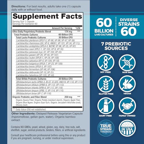 Vital Flora Ultra Probiótico Diário 60 Bilhões UFC, Diversas Cepas, Prebióticos Orgânicos, Suporte Imunológico, Alívio de Inchaço, Saúde Digestiva para Mulheres - Vital Planet