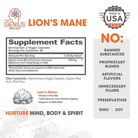 The Genius Brand - Genius Lions Mane – Suplemento Cápsulas Orgânicas, 1200mg por Porção – 120 Comprimidos Vegetais