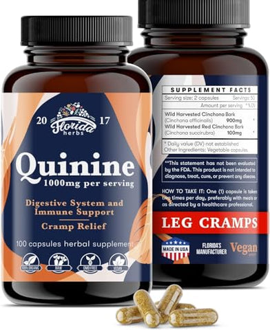 FLORIDA HERBS - Pílulas Orgânicas de Suporte para Cãibras nas Pernas – 1000 mg – Comprimidos de Quinina para Defesa contra Cãibras – Suplemento de Casca de Cinchona – Cápsulas de Quinina para Cãibras Musculares – Cápsulas Veganas – 1000 mg