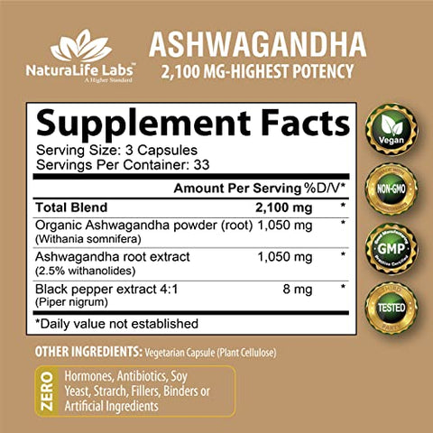 NaturaLife Labs A Higher Standard - Ashwagandha Orgânica 2.100 mg – 100 Cápsulas Veganas de Pó Puro de Ashwagandha Orgânica e Extrato de Raiz – Alívio do Estresse, Melhorador de Humor