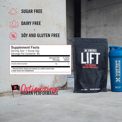 Xwerks - Lift Creatina Monohidratada em Pó Micronizada, Sem Sabor, 80 Porções – Fórmula 100% Pura Natural de 5000mg de Creatina – Suplemento em Massa Altamente Solúvel – Pré-Treino para