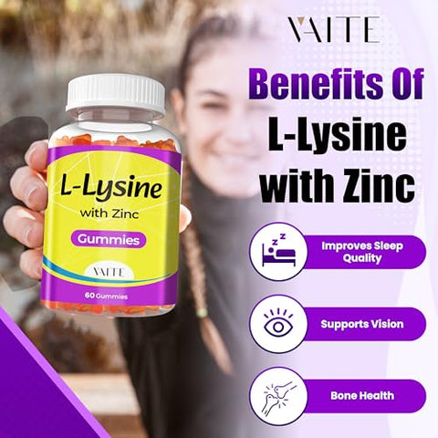 VAITE - L-Lisina 1000mg com Gomas de Zinco – Vitaminas para a Saúde dos Tecidos de Adultos