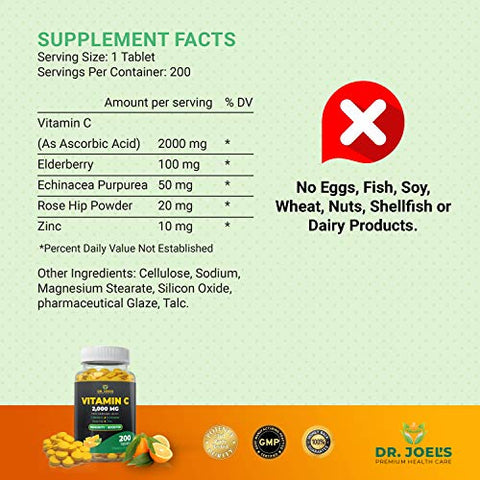 Dr. JOEL'S - Dr. JOEL’S Vitamina C 2000 mg – 200 Comprimidos – com Zinco, Sabugueiro, Rosa Mosqueta, Equinácea – Reforça o Sistema Imunológico – Fabricado nos EUA