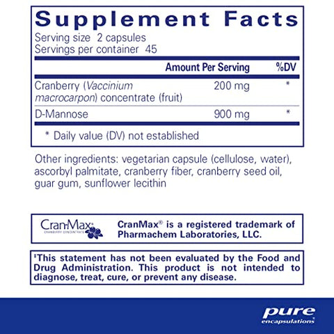 Cranberry D-Mannose – Suporte para a Saúde do Trato Urinário* – com Sólidos de Frutas de Cranberry – Vegano - Pure Encapsulations