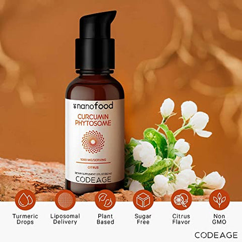 Liposomal Curcumin Phytosome – Suplemento Líquido Vegano de Curcumina, Gotas de Curcuma Longa à Base de Plantas, Curcumina, Fosfolipídeo de Girassol, Sem Açúcar, 30ml - Codeage
