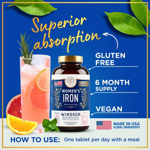 WINDSOR BOTANICALS - Suplemento de Ferro para Mulheres com Ácido Fólico – 35mg de Ferro Suave, 667mcg de Vitamina B9 – Suporte para Anemia, Menstruação e Gravidez – Pílulas de Sulfato Ferroso – 180
