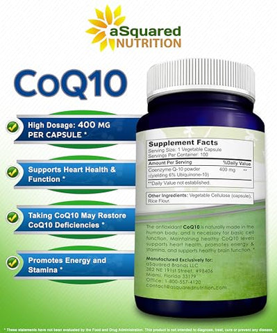 CoQ10 400mg – 100 Cápsulas Vegetais – Alta Absorção – Pó de Coenzima Q10 – Suplemento Ubiquinona – Extra Antioxidante CO Q-10 – Vitamina Enzima – Marca aSquared Nutrition - aSquared Nutrition