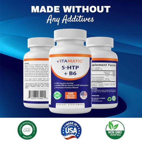 5-HTP 200mg com B6 5mg por Porção – 240 Cápsulas Vegetarianas (5-Hidroxitriptofano) – Extrato de Semente de Griffonia Simplicifolia - Vitamatic