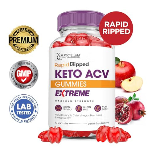 Justified Laboratories - (2 Pacotes) Gomas de Keto ACV Rápido Ripped Extreme 2000MG Rapidripped Keto Gummies Vinagre de Maçã Formulado com Suco de Romã e Beterraba em Pó B12 Vegano Não GMO 120 Gomas