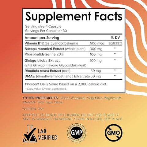 Suplemento Cérebro para Memória e Foco (3 Pacotes) – Suporte Nootrópico Cerebral – Memória, Clareza, Foco, Energia – Vitamina B12, Gingko Biloba, DMAE - Vital Vitamins