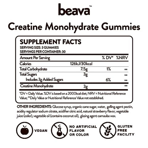 beava - Gummies de Creatina Monohidratada – 30 Porções – Mastigáveis Veganos de Creatina para Crescimento Muscular, Recuperação Muscular, Recuperação de Treino, Resistência Anaeróbica – Sem Fase de Carregamento – Sem Inchaço – Marca do Produto
