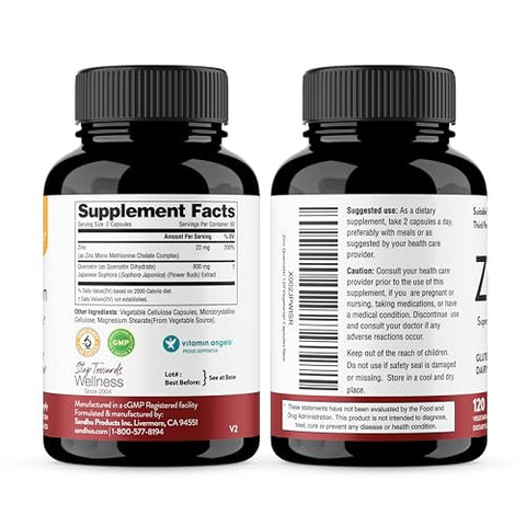 Sandhu's - Sandhu’s Zinc Quercetin 120 Cápsulas Vegetarianas (Pacote com 3) – Suplemento de Zinco para Suporte Antioxidante e Imunológico para Homens e Mulheres