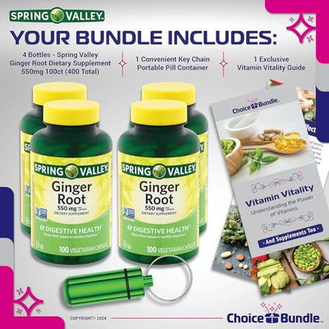 ChoiceBundle - Spring Valley Cápsulas de Suplemento Digestivo de Raiz de Gengibre 550 mg 100 Ct 4 pk Pacote Escolha (400 Total) Guia “Vitalidade Vitamínica” e Recipiente de Comprimidos (6 Itens)