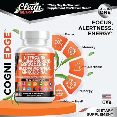 L-Tyrosine 1000mg Mucuna Pruriens 6000mg Bacopa Monnieri 500mg Ashwagandha 4000mg Focus Supplement com N-Acetil Cisteína 600mg NAC 5-HTP Ginkgo Biloba Alpha - Clean Nutraceuticals
