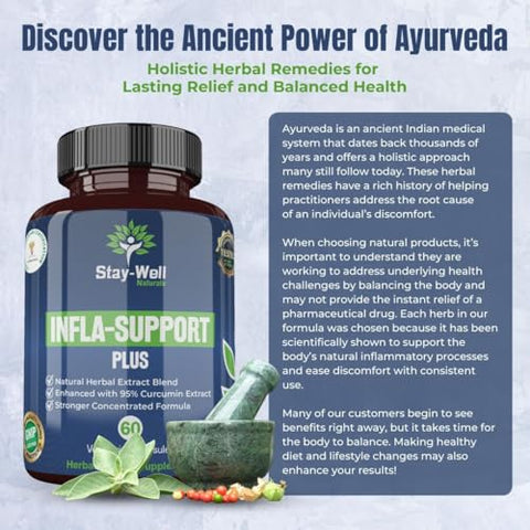 Stay-Well Naturals - Infla-Support Plus – Suplemento Herbal de 1.500mg com Extrato de Curcuma e Ashwagadha, Shatavari, Kavach, Fenugreek, Pippali, Guduchi, Shilajit, Goshura e Sunthi 60ct