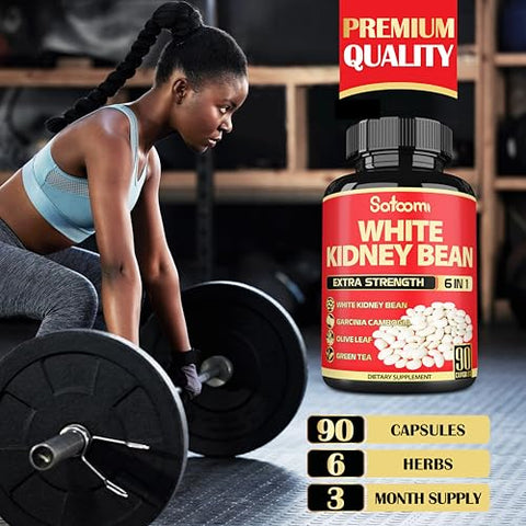 Satoomi - Cápsulas de Extrato de Feijão Branco 6 em 1 -90 Cápsulas -3 Meses de Fornecimento – Mistura Extra com Folha de Oliveira, Café Verde