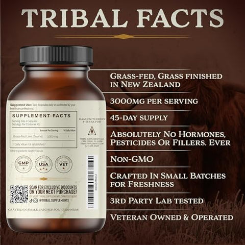 Tribal Supplements - Cápsulas de Fígado de Gado Criado a Pasto, Suprimento de 45 Dias, Nutrientes Essenciais para Energia Aumentada e Clareza Mental