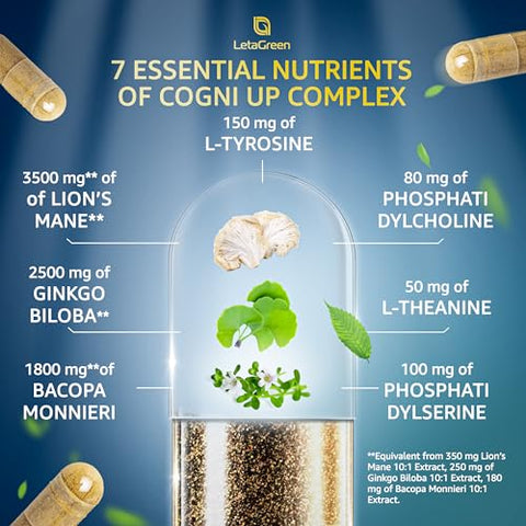 LetaGreen - Suplemento de Cápsulas de Leão Orgânico – 240 Cápsulas de Leão Mane Real Mushrooms com Erva Ginkgo Biloba, Bacopa Monnieri – Suporte à Clareza – Suplemento de Cogumelo Leão Mane