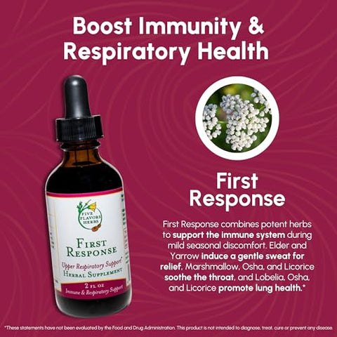 FIVE FLAVORS HERBS - Primeira Resposta Tintura – Alívio de Desconforto Sazonal, Suporte Respiratório Superior, Pulmões Saudáveis, Suporte ao Sistema Imunológico, Sabugueiro, OSHA, Mil-folhas – 60 ml