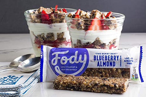 Barras de Proteína Vegana Fody Foods | Snack Bar com 3g de Proteína | Certificado Low FODMAP | Amigável ao Intestino e IBS | Sem Glúten, Lactose e GMO | Barras de Amêndoa e Mirtilo, 12 unidades