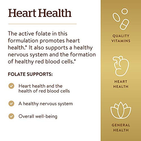 SOLGAR - Solgar Folate 1000 mcg – 120 Comprimidos | Metafolin Bio-ativo – Saúde do Coração – Vegano, Sem Glúten, Sem Lactose, Kosher – 120 Porções