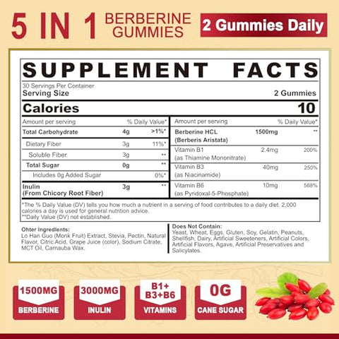 NEVISS - Berberine Gummy 1500mg | Suplemento de Berberina 3g com Fibra Prebiótica Inulina | Sem Açúcar | AMPK