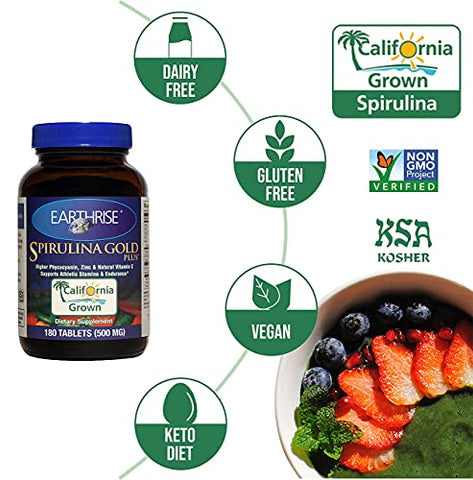 Spirulina Gold Plus 500mg Tablet 180 comprimidos – Spirulina Premium Natural da Califórnia, Vegana, Livre de Glúten, Amiga da Dieta Keto, Super Alimento Rico em Vitaminas – Marca Earthrise - Earthrise