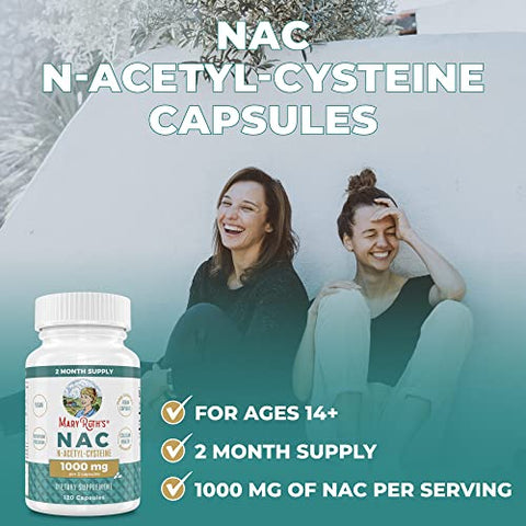Cápsulas de Suplemento Nutricional, N-Acetil Cisteína, 2 Meses de Fornecimento, NAC 1000mg por Porção, Vegano, Não-OGM, Sem Glúten, 120 Unidades - MaryRuth Organics