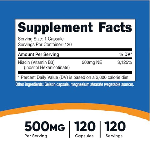 Niacin (Flush-Free) Inositol Hexanicotinate 500mg – 120 Cápsulas – Vitamina B3 – Comprar Online - Nutricost