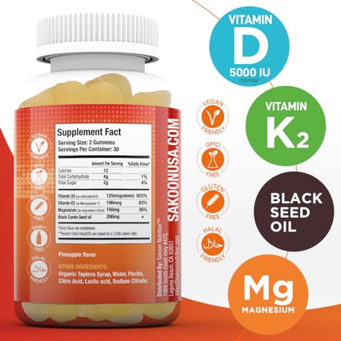 Sakoon nutrition - Sakoon Nutrition – Vitamina D3 K2 5000 UI com Óleo de Semente Negra para Suporte Ósseo, Dental, Muscular e Imunológico – 60 Gomas de Mascar