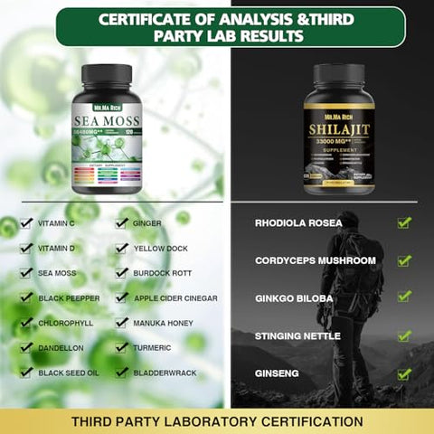 Mr.Ma Rich - Pacote de Cápsulas de Sea Moss e Shilajit, Ashwagandha Rhodiola Rosea Ginseng Cordyceps Mushroom Ginkgo Biloba Stinging Nettle Magic Moss Blendim Black Seed Turmeric Bladderwrack – 100% Natural e Potente