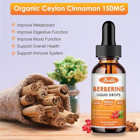 Bunkka - (2 Pacotes) Suplemento de Berberina, 1500mg Gotas Líquidas Orgânicas de Berberina com Canela do Ceilão, Melão Amargo, Sem Açúcar