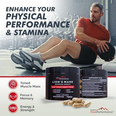 MEN'S PeakPerformance - Cápsulas de Suplemento de Cogumelo do Leão PeakPerformance para Homens com Reishi, Cordyceps, Turkey Tail – Nootrópico Cerebral para Memória, Foco, Energia Natural – 60 cápsulas