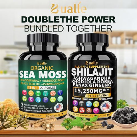 Bualle - Pacote Sea Moss e Shilajit – 60 unidades – Sea Moss 18000mg, Óleo de Semente Preta 4000mg, Ashwagandha 1000mg, Gengibre