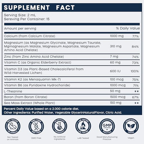 PAYAOCZ - (2 Pacotes) Suplemento de Magnésio Cálcio Zinco com Vitamina C D3 K2, Gotas Líquidas Veganas de Magnésio Glicinato, L-Teanina, Boro e Extrato de Musgo do Mar – Suporte Imunológico, Ósseo e do Sono
