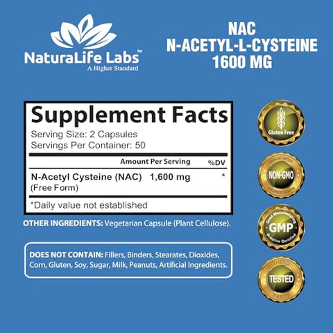 NaturaLife Labs A Higher Standard - NAC 1600 mg para Saúde Pulmonar