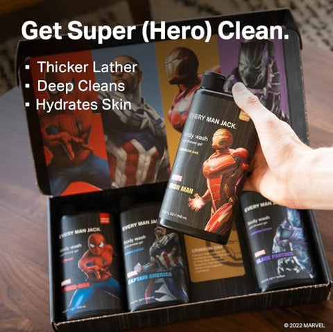 Caixa de Presente Every Man Jack Marvel – Conjunto de Sabonetes Líquidos – Inclui Quatro Sabonetes Líquidos com Ingredientes Naturais