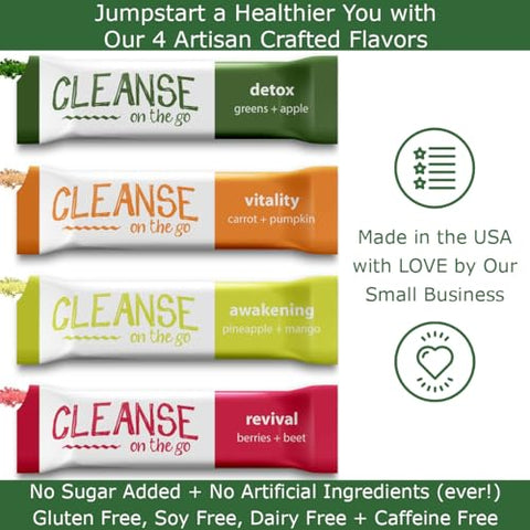 CLEANSE on the go - Limpeza rápida – Suco Detox de 3 dias – Basta adicionar água – 21 pacotes em pó