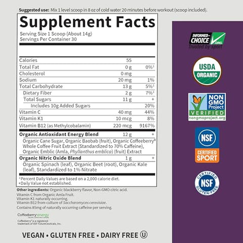 Sport Energia Limpa em Pó Pré-Treino à Base de Plantas Orgânicas, com 85mg de Cafeína, Estimulante Natural, B12, Vegano, Sem Glúten, Não-OGM, Amora, 430g - Garden of Life