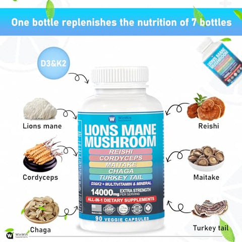 WINWINSUPPLEMENTS - Lions Mane Mushroom 11200mg (16:1 extrato) Cordyceps Reishi 1000mg Maitake Mushroom Turkey Tail Chaga 15 Vitaminas Minerais-32em1 Suplemento de Cogumelo 90 capsulas Feito nos EUA