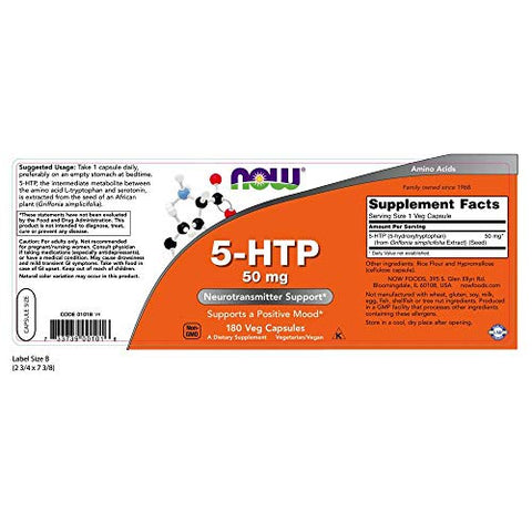 5-HTP 50 mg – Suporte Neurotransmissor, 180 Cápsulas Vegetais - NOW Foods