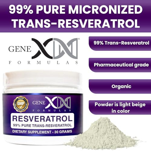 Genex Formulas - GENEX Trans Resveratrol 1000mg Pó Trans-Resveratrol Puro Micronizado Grau Farmacêutico 99% 30 Porções ou 30g 1g por Dia Suprimento de 30 Dias Fabricado em GMP