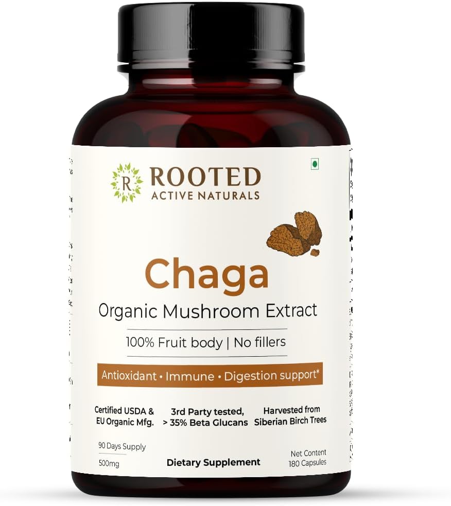 Actives: Extrato de Cogumelo Chaga Siberiano Certificado Orgânico | 35% Beta Glucanos – Verificado em Laboratório | Antioxidante - ROOTED