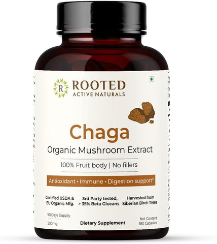 Actives: Extrato de Cogumelo Chaga Siberiano Certificado Orgânico | 35% Beta Glucanos – Verificado em Laboratório | Antioxidante - ROOTED