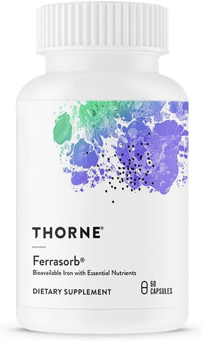 THORNE - Thorne Ferrasorb – Fórmula Completa de Suporte Sanguíneo com 36 mg de Ferro e Nutrientes Essenciais – Ferro Elemental, Ácido Fólico, Vitaminas B e C para Absorção Ótima – Livre de Glúten – 60 cápsulas
