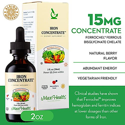 Maxi Health - Suplemento Líquido de Ferro para Mulheres, Homens e Crianças – 15 mg por mL Sabor de Frutas Vermelhas – Alta Potência – Fácil de Misturar para Absorção Imediata – Aumente os Níveis de Energia e Sangue Sem