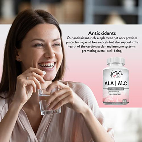 Fórmula de Alta Potência ALA/ALC – Melhor Ácido Alfa Lipoico e Acetil-L-Carnitina HCl – Suplemento Dietético – Suporte Antioxidante – Aumento de Energia – para Homens e Mulheres 60 Cápsulas - Amate Life