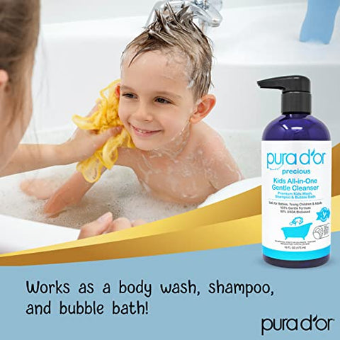 PURA D'OR - PURA D’OR Kids Wash 473 ml – Limpeza Suave 3 em 1 – Biobaseado pelo USDA, Sem Sulfato, Sem Lágrimas, Hipoalergênico, Premium, Shampoo